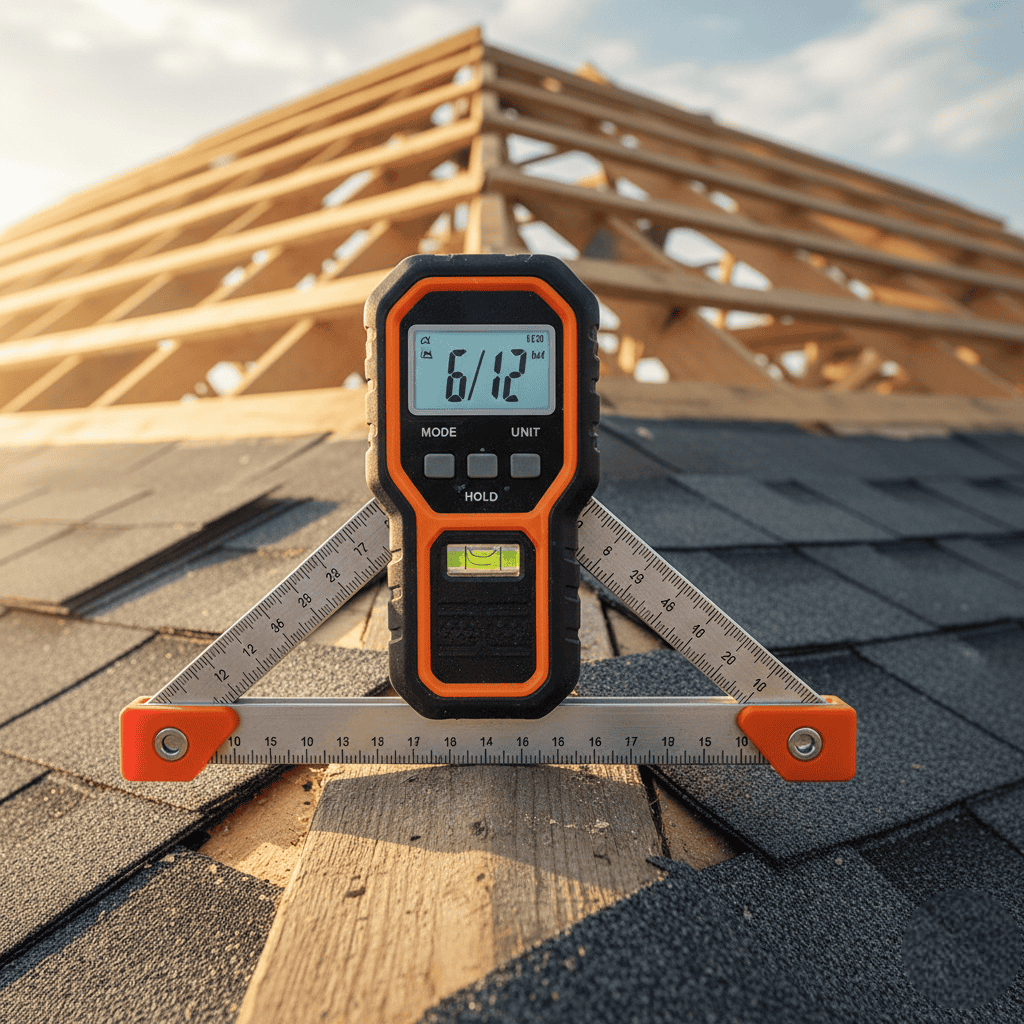 Digital laser measuring tool on roof shingles for precise roof measurement.