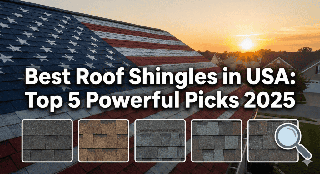 American flag-inspired roof shingles, sunset view, roof measuring tools, and top shingle picks 2025.