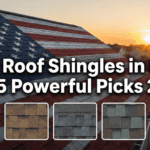 American flag-inspired roof shingles, sunset view, roof measuring tools, and top shingle picks 2025.