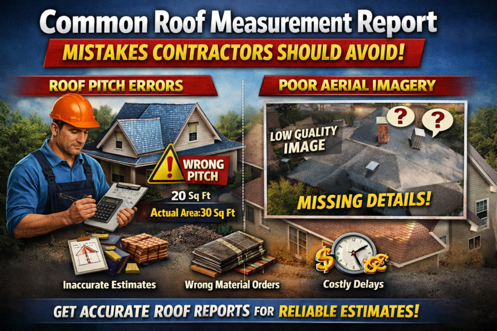 Common roof measurement report mistakes showing incorrect roof pitch calculation and poor aerial imagery analysis affecting roofing estimates.