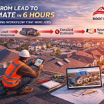 Roofing contractor using digital roof measurement report on a residential roof showing fast estimating workflow from lead to job completion