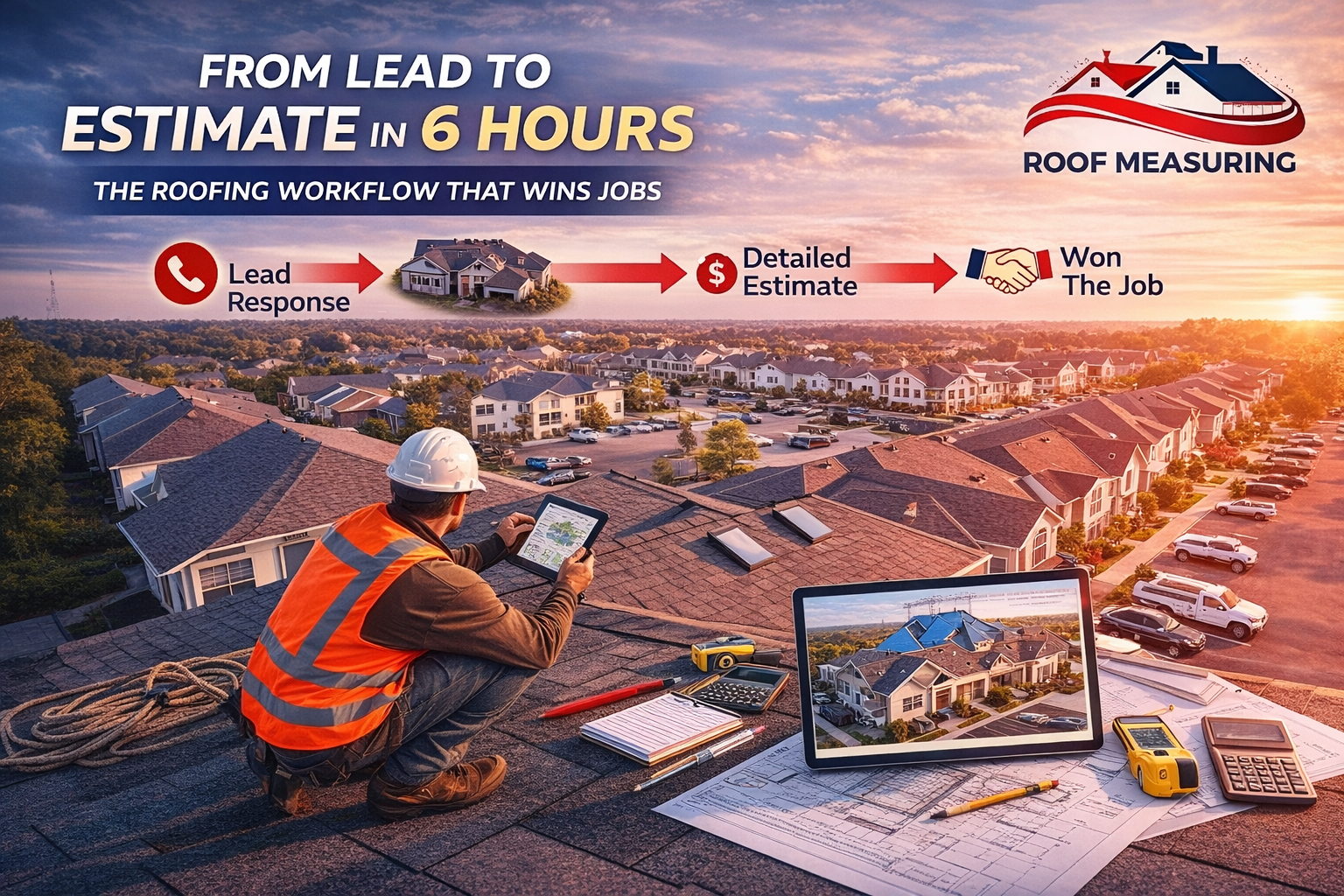 Roofing contractor using digital roof measurement report on a residential roof showing fast estimating workflow from lead to job completion