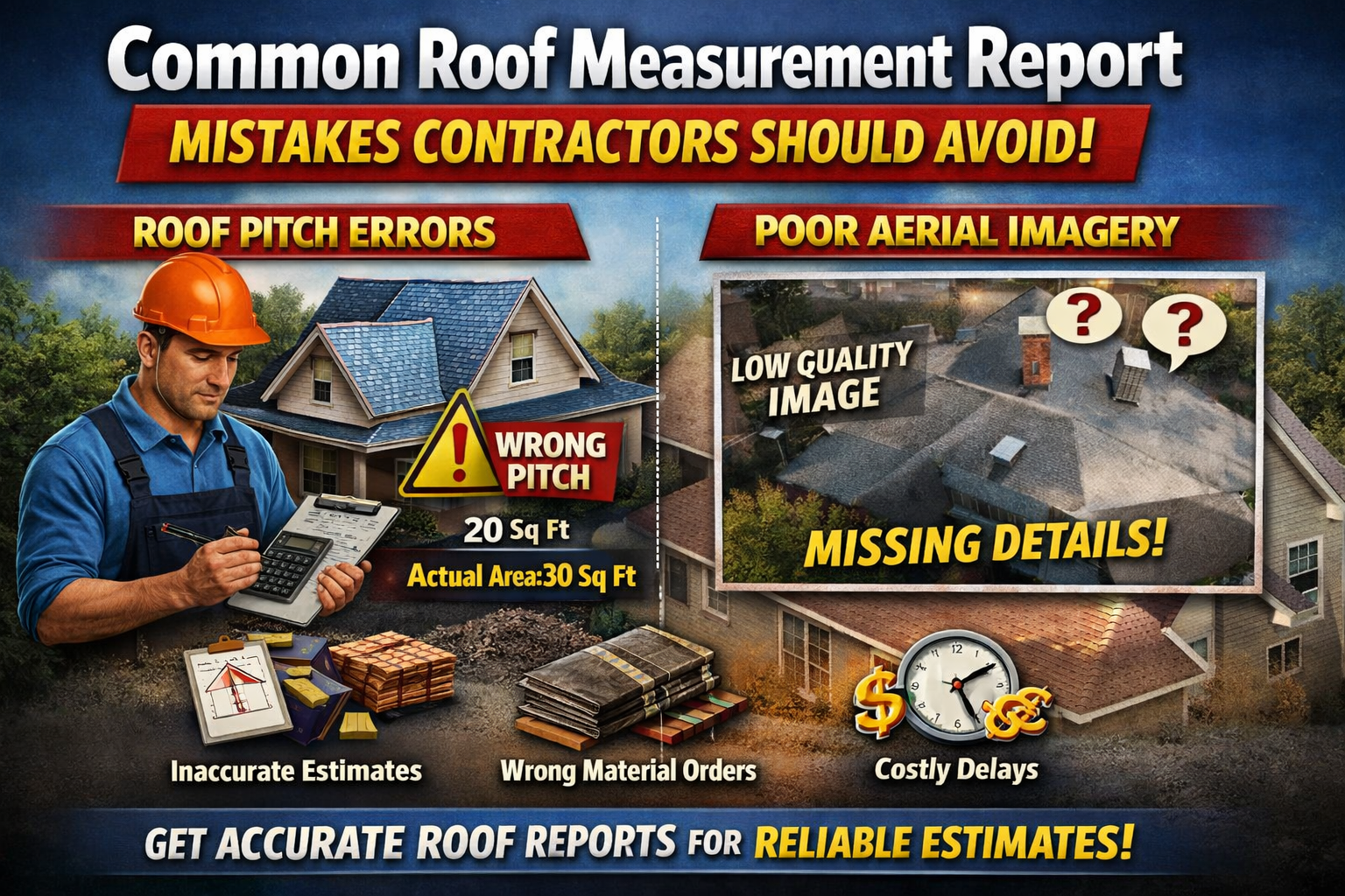Common roof measurement report mistakes showing incorrect roof pitch calculation and poor aerial imagery analysis affecting roofing estimates.