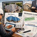 Top-down aerial view of a residential home roof with multiple slopes, dormers, ridges, and attached garage, used for roof measurement and estimation.