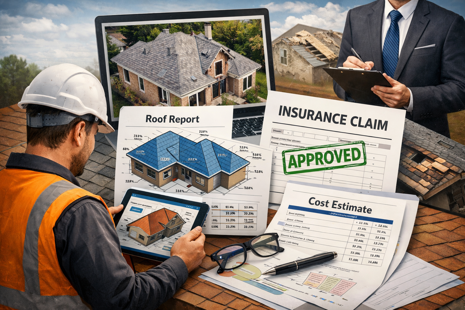 Top-down aerial view of a residential home roof with multiple slopes, dormers, ridges, and attached garage, used for roof measurement and estimation.