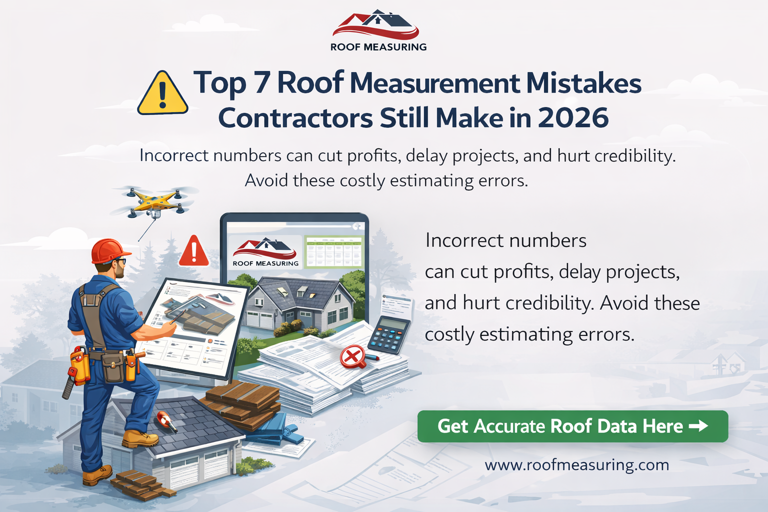 roof measurement mistakes illustration showing contractor using digital roof report to avoid estimating errors and improve roofing estimates