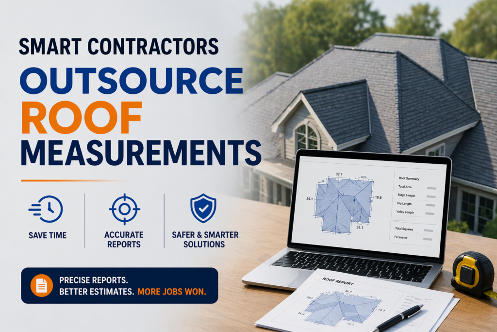 Contractor using a laptop displaying a digital roof measurement report with a residential house in the background, highlighting outsourced roof estimation services