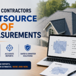 Contractor using a laptop displaying a digital roof measurement report with a residential house in the background, highlighting outsourced roof estimation services