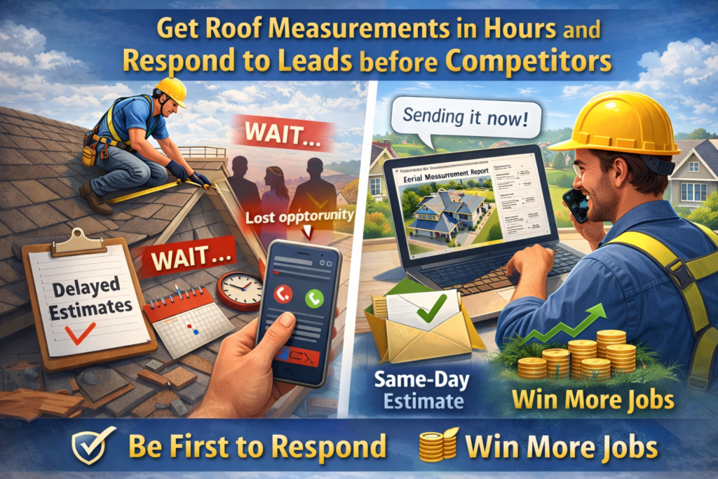 Roofer measuring a roof with delays and missed calls on one side, contrasted with a contractor sending a same-day aerial roof report on a laptop and winning more jobs on the other.