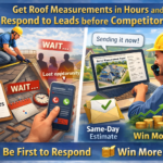 Roofer measuring a roof with delays and missed calls on one side, contrasted with a contractor sending a same-day aerial roof report on a laptop and winning more jobs on the other.