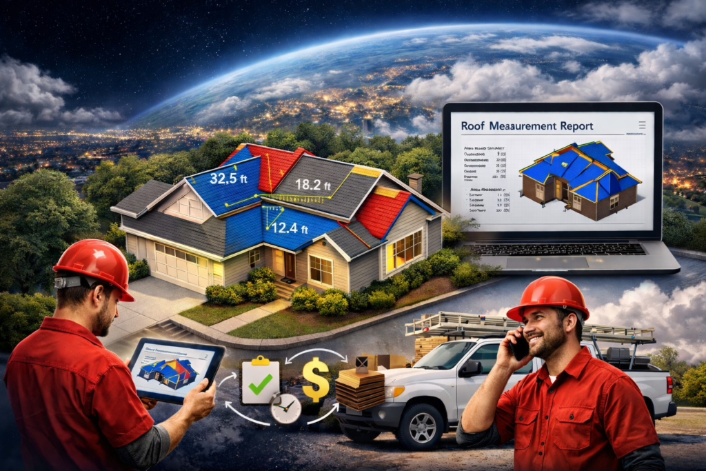 Satellite-based roof measurement visualization showing a residential house with labeled dimensions, a digital roof report on a laptop, and roofing contractors using mobile tools to estimate cost and materials.