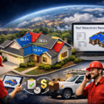 Satellite-based roof measurement visualization showing a residential house with labeled dimensions, a digital roof report on a laptop, and roofing contractors using mobile tools to estimate cost and materials.