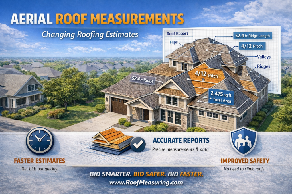Aerial roof measurement report showing labeled roof dimensions, pitch, ridge length, valleys, and total area on a residential home for accurate roofing estimates.