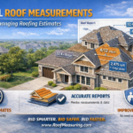 Aerial roof measurement report showing labeled roof dimensions, pitch, ridge length, valleys, and total area on a residential home for accurate roofing estimates.