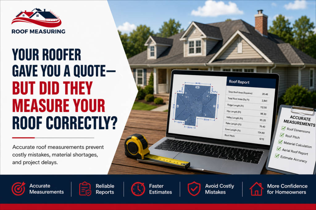 Roof measuring service promotional image showing a residential home, laptop with detailed roof report measurements, tape measure, and checklist highlighting accurate roof dimensions, material calculations, and faster roofing estimates.