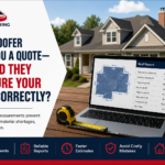 Roof measuring service promotional image showing a residential home, laptop with detailed roof report measurements, tape measure, and checklist highlighting accurate roof dimensions, material calculations, and faster roofing estimates.