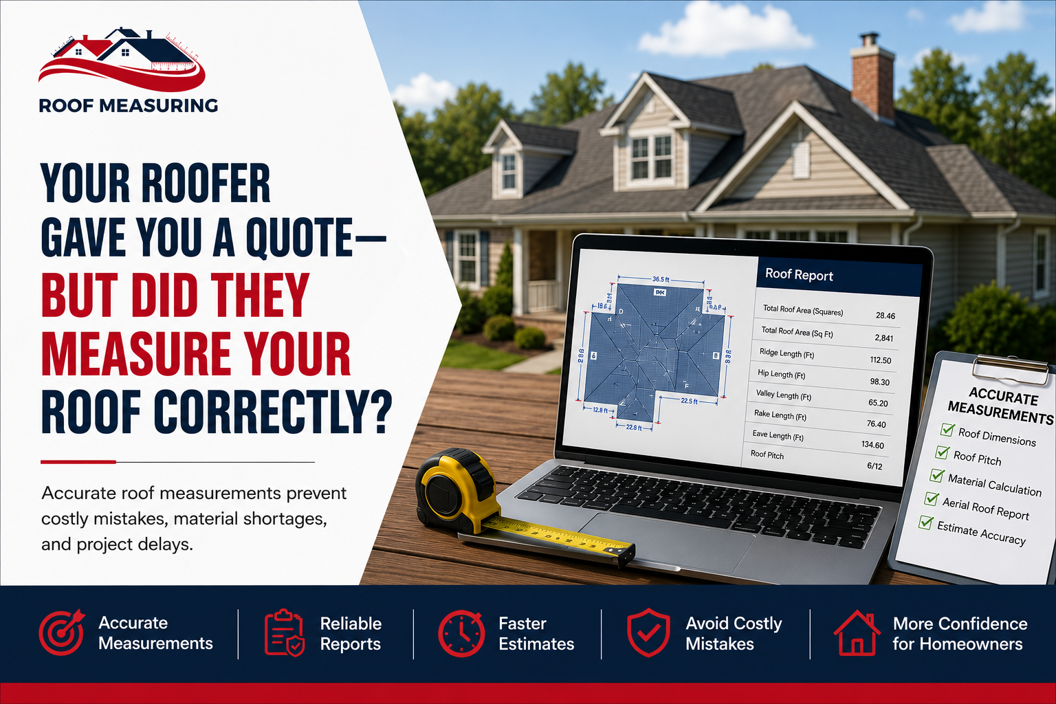 Roof measuring service promotional image showing a residential home, laptop with detailed roof report measurements, tape measure, and checklist highlighting accurate roof dimensions, material calculations, and faster roofing estimates.