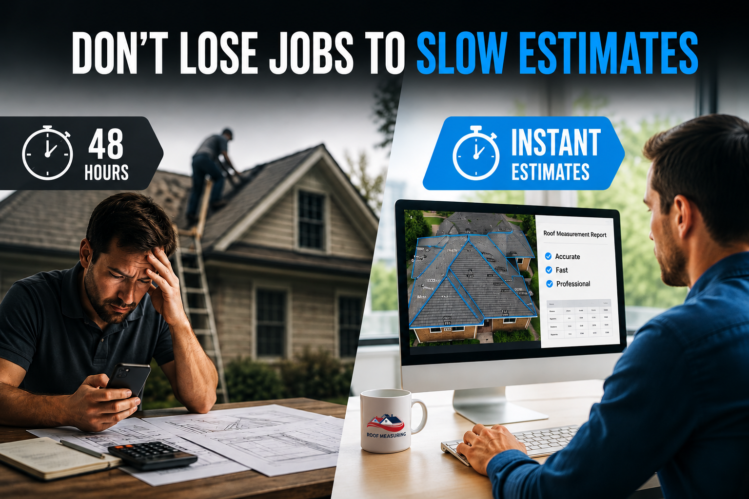 Roofing contractor comparing slow 48-hour roofing estimates with instant digital roof measurement reports for faster and more accurate project bidding.