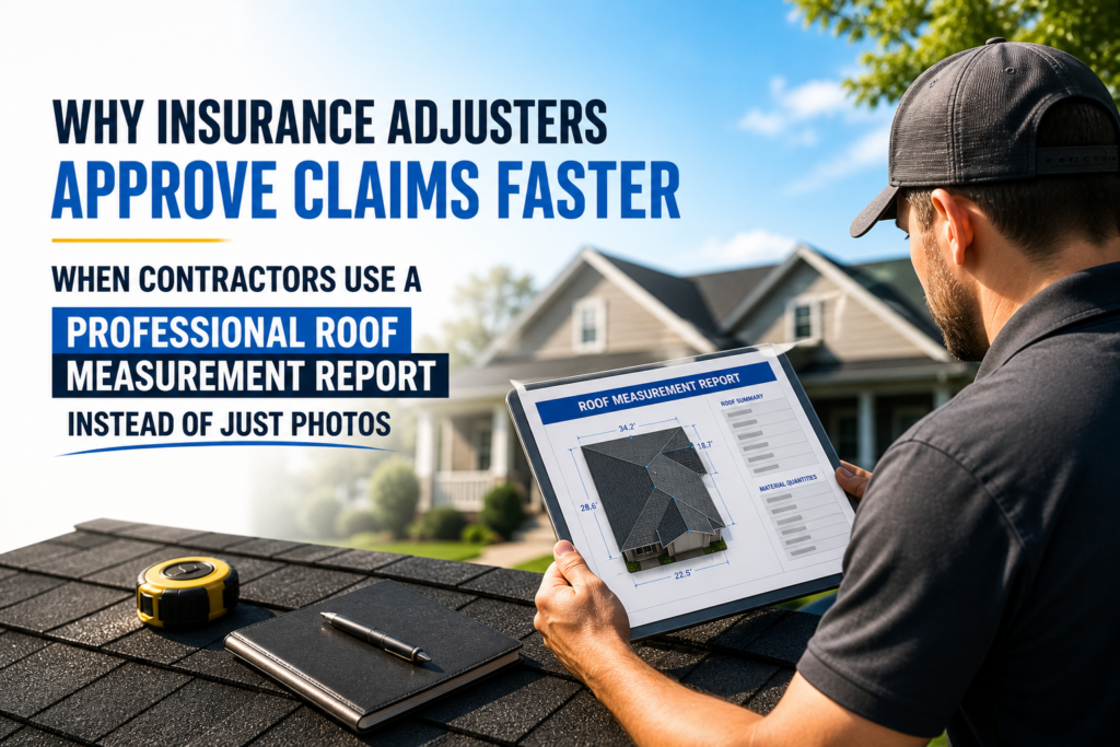 contractor reviewing professional roof measurement report on tablet with house roof diagram, used for faster insurance claim approval