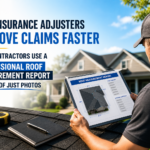 contractor reviewing professional roof measurement report on tablet with house roof diagram, used for faster insurance claim approval