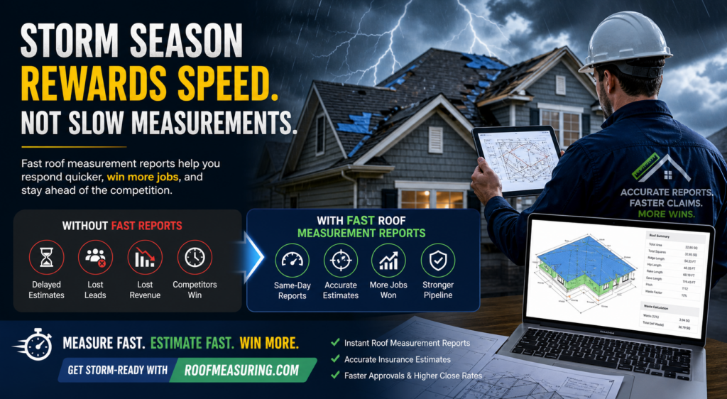 Storm-damaged roof inspection with tablet showing roof measurement report for fast roofing estimates and insurance claims