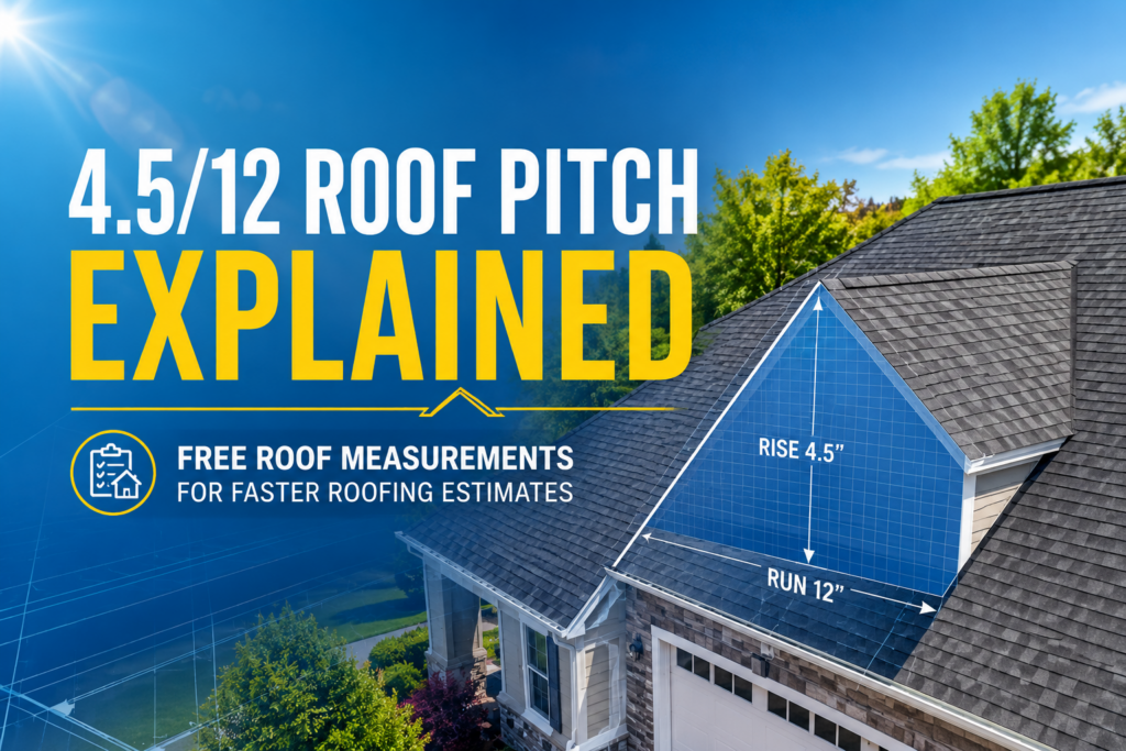 Illustration of a 4.5/12 roof pitch showing 4.5-inch rise over 12-inch run on a residential asphalt shingle roof for roofing estimates and roof measurements.