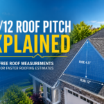 Illustration of a 4.5/12 roof pitch showing 4.5-inch rise over 12-inch run on a residential asphalt shingle roof for roofing estimates and roof measurements.