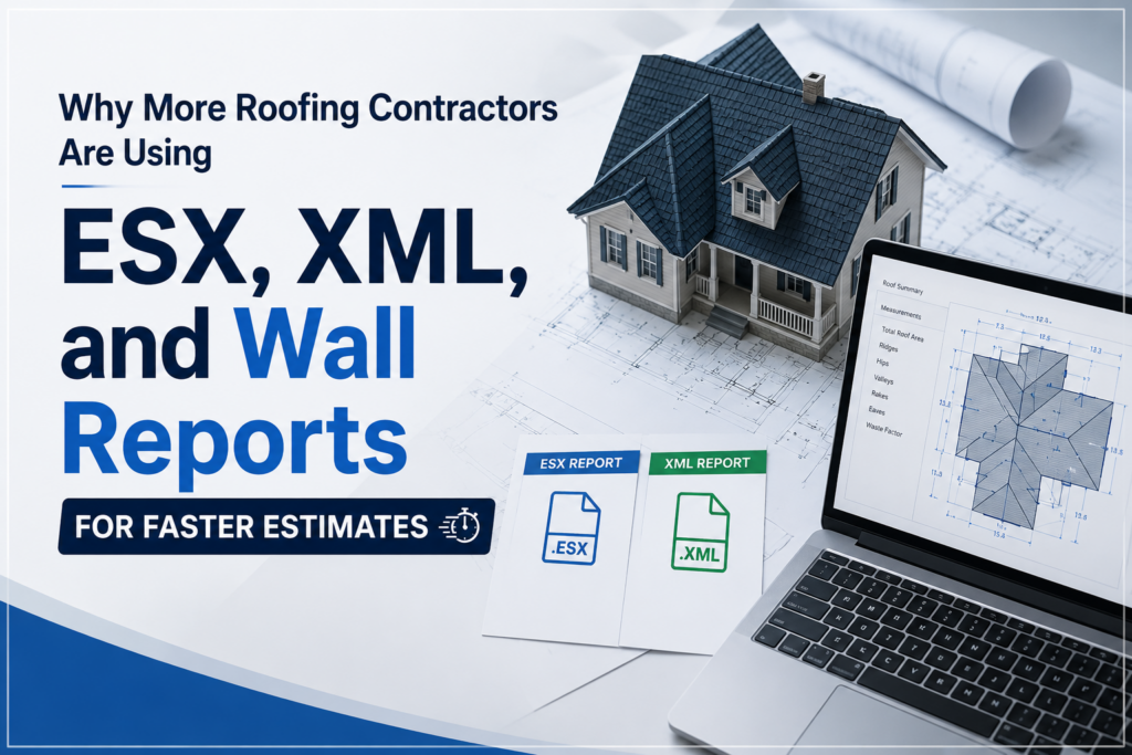 Roofing contractor using ESX, XML, and wall reports for faster roof estimates with digital roof measurement plans displayed on a laptop and residential roof model.