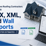 Roofing contractor using ESX, XML, and wall reports for faster roof estimates with digital roof measurement plans displayed on a laptop and residential roof model.