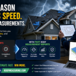 Storm-damaged roof inspection with tablet showing roof measurement report for fast roofing estimates and insurance claims
