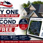 Professional Roof Measuring promotional banner showing a buy one residential roof report and get the second free offer with aerial roof measurement visuals, digital roof report tablet, and accurate roofing estimate highlights.