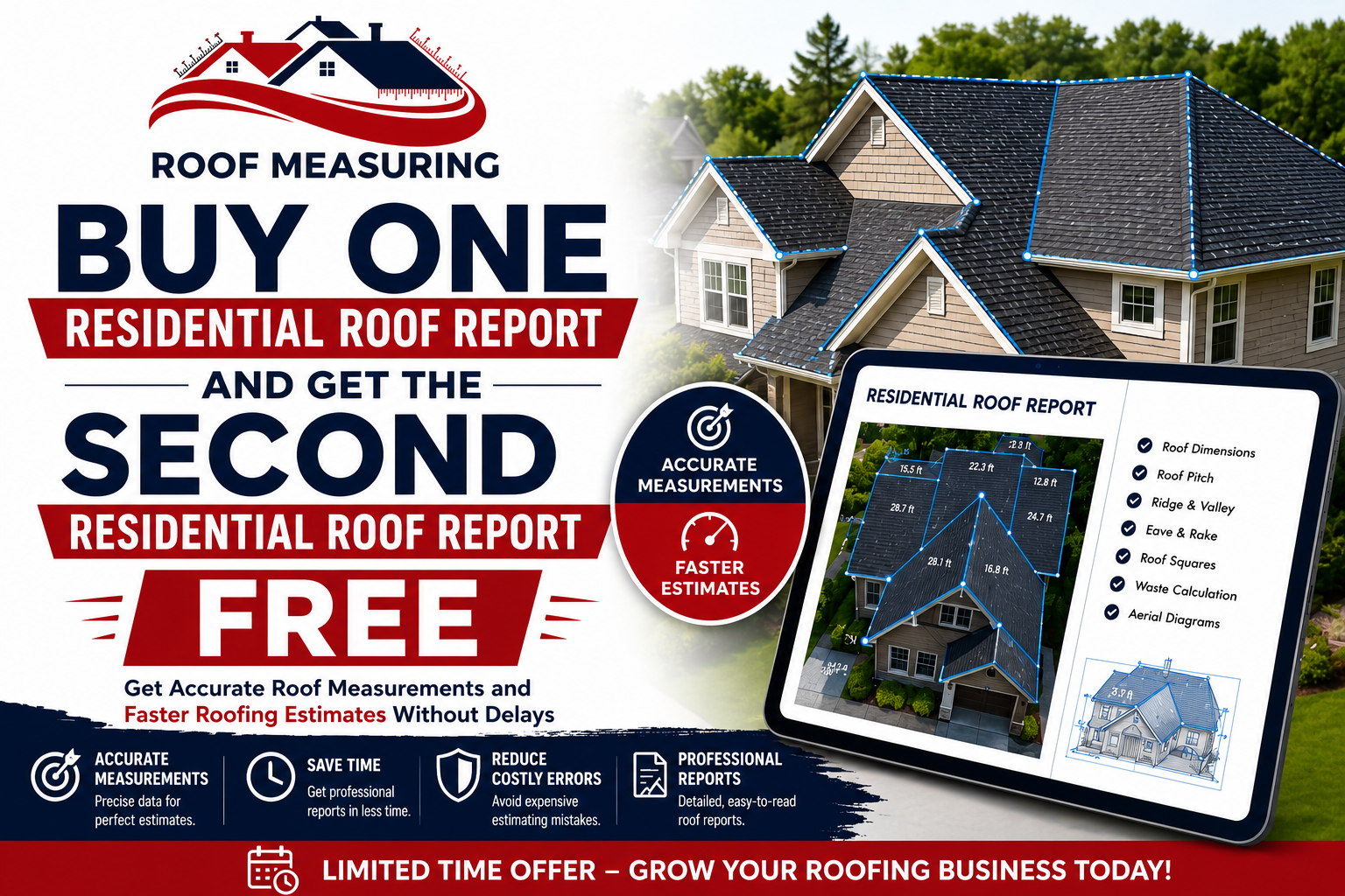 Professional Roof Measuring promotional banner showing a buy one residential roof report and get the second free offer with aerial roof measurement visuals, digital roof report tablet, and accurate roofing estimate highlights.