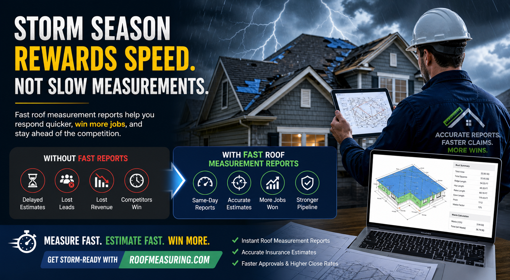 Storm-damaged roof inspection with tablet showing roof measurement report for fast roofing estimates and insurance claims