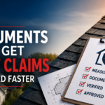 Professional roof insurance claim documentation featuring a roof measurement report, roof diagram, and checklist highlighting the documents insurance adjusters need for faster roof claim approvals.
