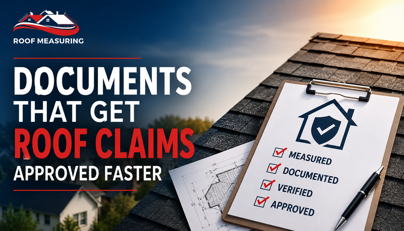 Professional roof insurance claim documentation featuring a roof measurement report, roof diagram, and checklist highlighting the documents insurance adjusters need for faster roof claim approvals.