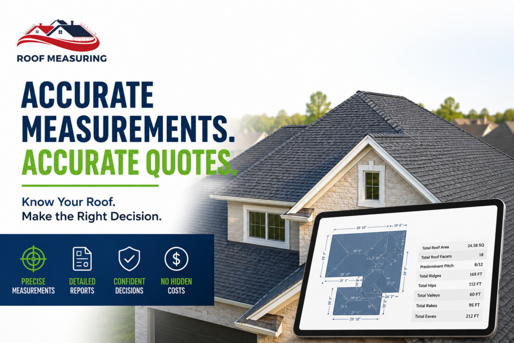Professional roof measurement report displayed on a digital tablet beside a residential roof, highlighting accurate roof measurements, detailed roof reports, and precise roofing estimates for homeowners and roofing contractors.
