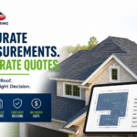 Professional roof measurement report displayed on a digital tablet beside a residential roof, highlighting accurate roof measurements, detailed roof reports, and precise roofing estimates for homeowners and roofing contractors.