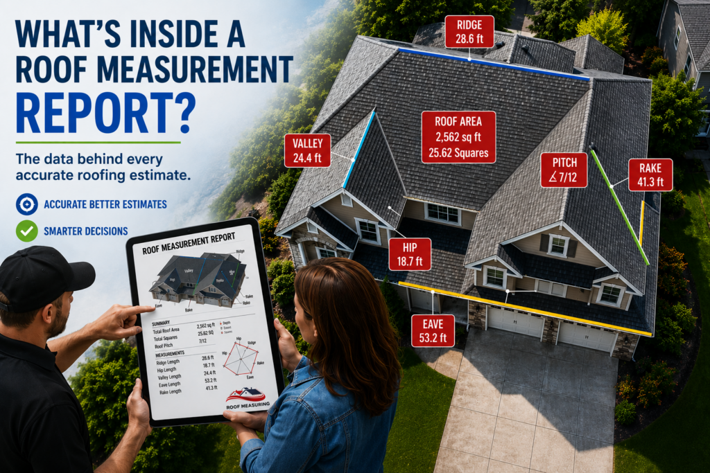 Professional roof measurement report showing aerial roof dimensions including roof area, pitch, ridge length, hip length, valley length, rake length, and eave measurements used for accurate roofing estimates and material calculations.