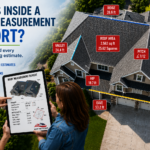 Professional roof measurement report showing aerial roof dimensions including roof area, pitch, ridge length, hip length, valley length, rake length, and eave measurements used for accurate roofing estimates and material calculations.