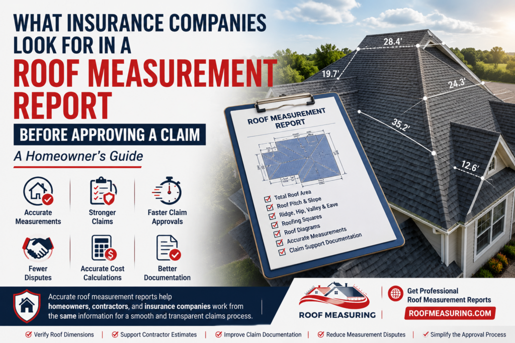 Roof measurement report showing roof dimensions, pitch, ridges, valleys, and total roof area used by insurance companies to verify property damage claims and approve roofing insurance settlements.