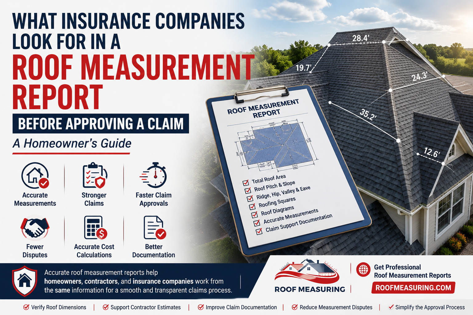 Roof measurement report showing roof dimensions, pitch, ridges, valleys, and total roof area used by insurance companies to verify property damage claims and approve roofing insurance settlements.