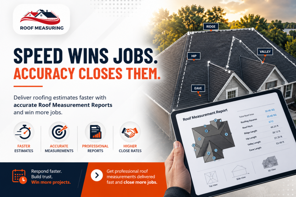 Professional roof measurement report showing accurate roof dimensions, ridge, hip, valley, and eave measurements helping roofing contractors deliver faster estimates and improve close rates.