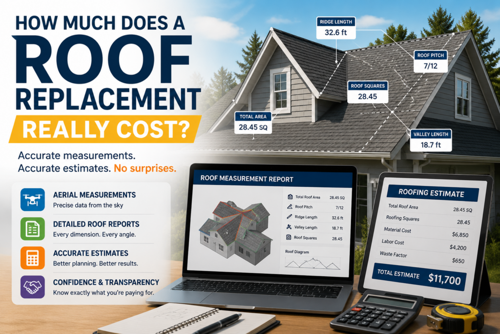 A residential home roof with measurement overlays showing roof pitch, ridge length, valley length, roof squares, and total roof area. The image highlights how aerial roof measurement reports help contractors create accurate roof replacement cost estimates by providing detailed roof dimensions and roofing calculations.
