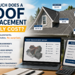 A residential home roof with measurement overlays showing roof pitch, ridge length, valley length, roof squares, and total roof area. The image highlights how aerial roof measurement reports help contractors create accurate roof replacement cost estimates by providing detailed roof dimensions and roofing calculations.