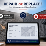 Side-by-side comparison of a damaged roof and a newly installed roof with a professional roof measurement report showing roof dimensions, pitch data, and roofing calculations used to determine whether repair or replacement is the best option.