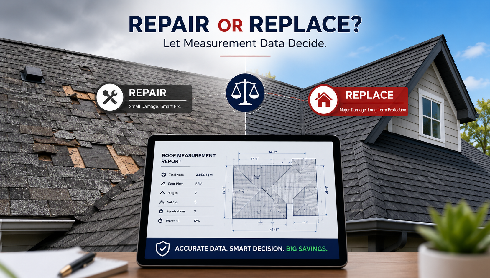 Side-by-side comparison of a damaged roof and a newly installed roof with a professional roof measurement report showing roof dimensions, pitch data, and roofing calculations used to determine whether repair or replacement is the best option.