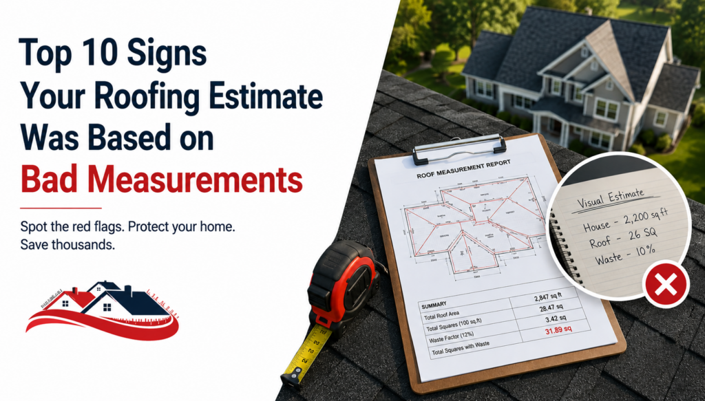 Roof measurement report comparing accurate roof measurements with visual estimates, highlighting common signs of bad roofing estimates and measurement errors.