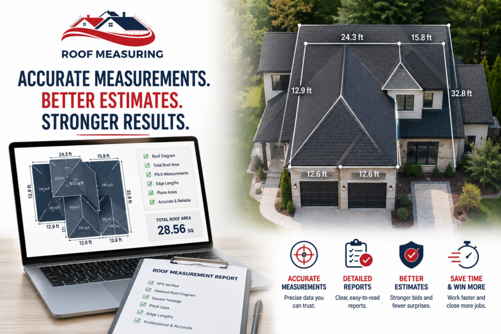 Professional roof measurement report displayed on a laptop alongside an aerial view of a residential roof with precise dimensions, highlighting accurate roof measurements, detailed roofing reports, and improved roofing estimates.