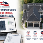 Professional roof measurement report displayed on a laptop alongside an aerial view of a residential roof with precise dimensions, highlighting accurate roof measurements, detailed roofing reports, and improved roofing estimates.