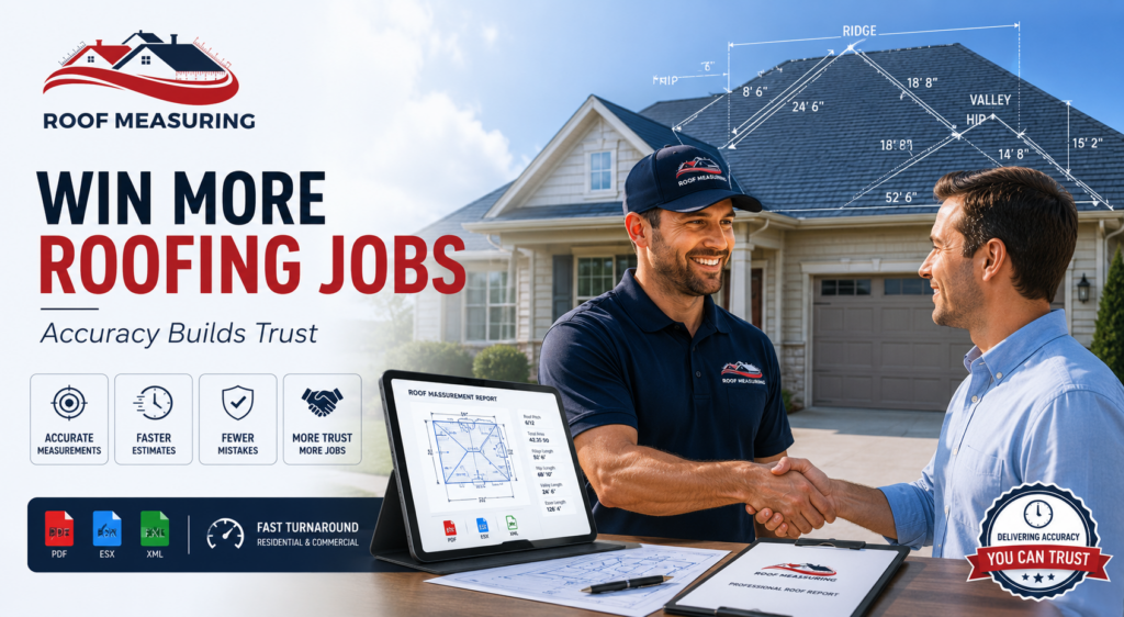 Professional roofing contractor using an accurate roof measurement report to build customer trust and win more roofing jobs with detailed roof diagrams, aerial roof measurements, and fast roof estimating services.